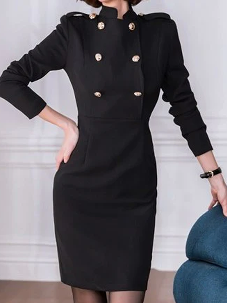 

Regular Fit Plain Stand Collar Long sleeve Elegant Midi Dress, Black, Midi Dresses