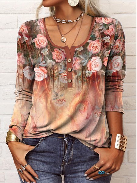 

Floral Casual Crew Neck T-Shirt, Multicolor, T-Shirts