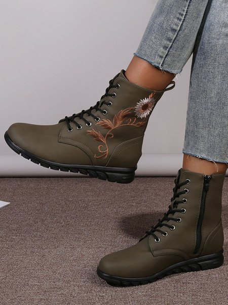 

Ethnic Floral Embroidered Zip Booties, Army green, Boots