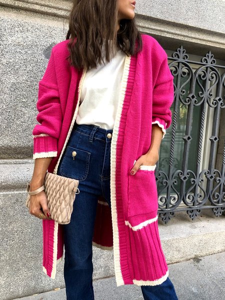 

Urban Loose Color Block Sweater Coat, Rose red, Cardigans