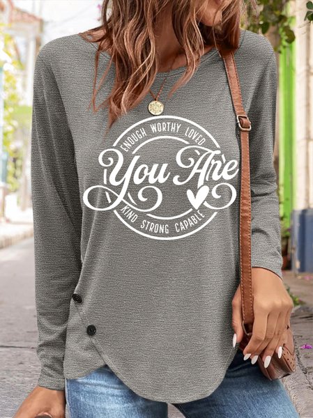 

Women's You Are Enough Simple Heart Long Sleeve Top, Gray, Long sleeves
