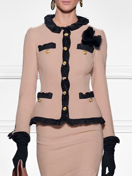 

Elegant Crew Neck Color Block Buttoned Flouncing Jacket, Pink, Jackets