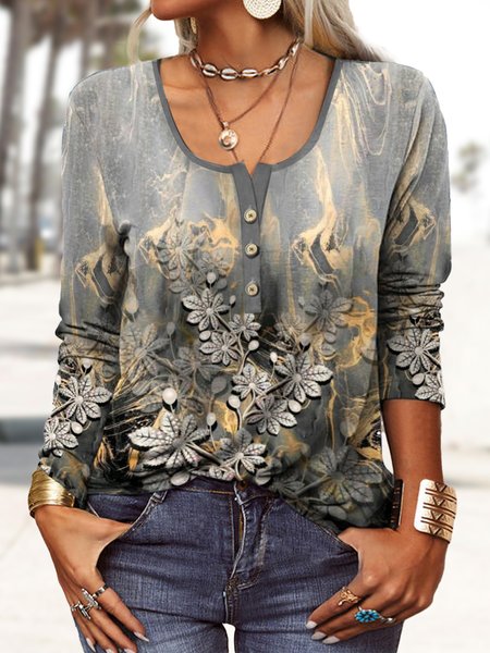 

Floral Casual Loose Crew Neck Top, Gray, Tops