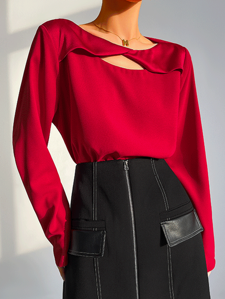 

Satin Regular Fit Crew Neck Elegant Top, Red, Blouses and Shirts