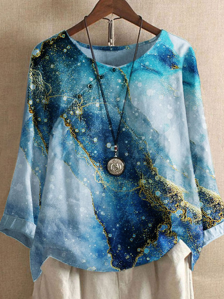 

Loose Crew Neck Casual Cotton-Blend Top, Blue, Tops