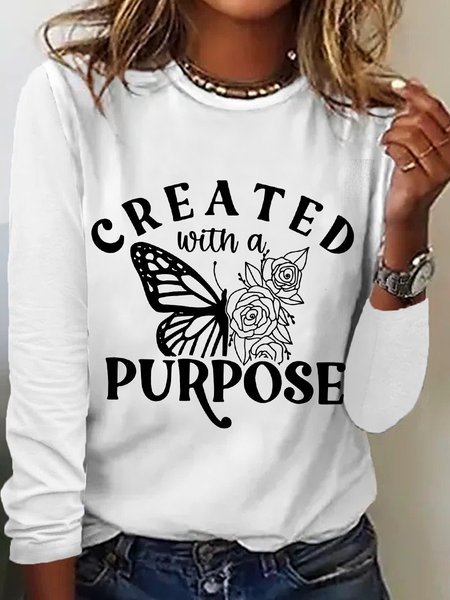 

Women‘s Created With A Purpose Crew Neck Simple Butterfly Cotton-Blend Long Sleeve Top, White, Long sleeves
