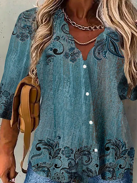 

V Neck Floral Loose Casual Blouse, Blue, Shirts & Blouses
