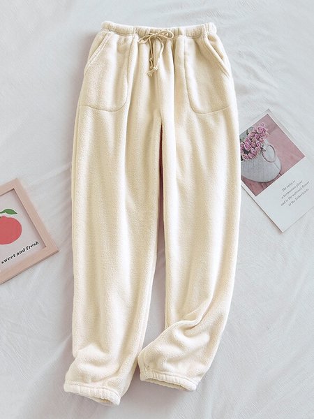 Plain Casual Loose Cotton-Blend Casual Pants, Beige, Pants