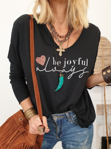 

Heart/Cordate Text Letters Casual Regular Fit T-Shirt, Black, T-Shirts