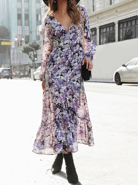 

Floral Loose V Neck Casual Dress, Purple, Dresses
