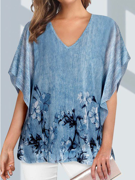 

Floral Loose Casual V Neck Top, Blue, Tops