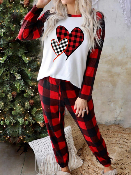 

Crew Neck Cotton-Blend Casual Plaid Two-Piece Set, Red, Suit Set