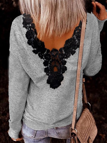 

Lace Crew Neck Casual Top, Gray, Tops