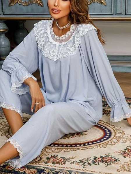 

Contrast Floral Embroidery Flounce Set, Blue, Suit Set