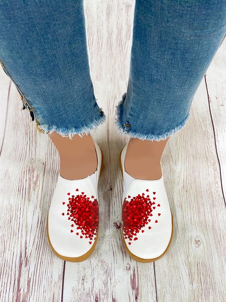 

Valentine's Day Heart Printed Plus Size Canvas Casual Shoes, White, Flats