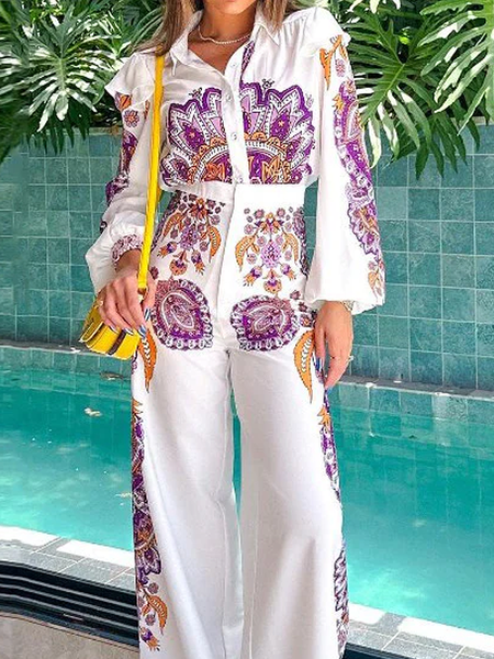 

Shirt Collar Urban Loose Long sleeve Ethnic Daily Blouse, White, Blouses and Shirts