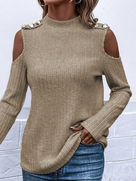 

Buckle Plain Casual Half Turtleneck T-Shirt, Apricot, T-shirts
