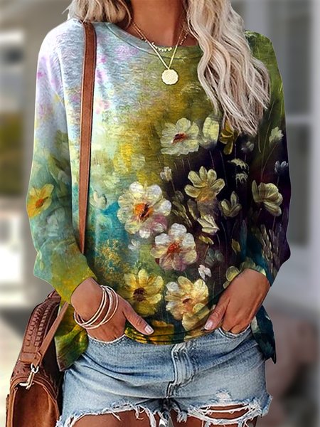 

Casual Crew Neck Floral Loose T-Shirt, Multicolor, T-Shirts