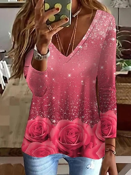 

Casual Regular Fit Floral V Neck Top, Red, Tops