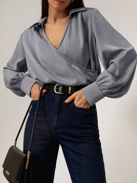 

Satin Urban Loose Plain V Neck Blouse, Gray, Blouses and Shirts