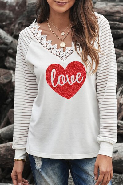 

Casual Heart/Cordate Cotton-Blend Top, White, Tops