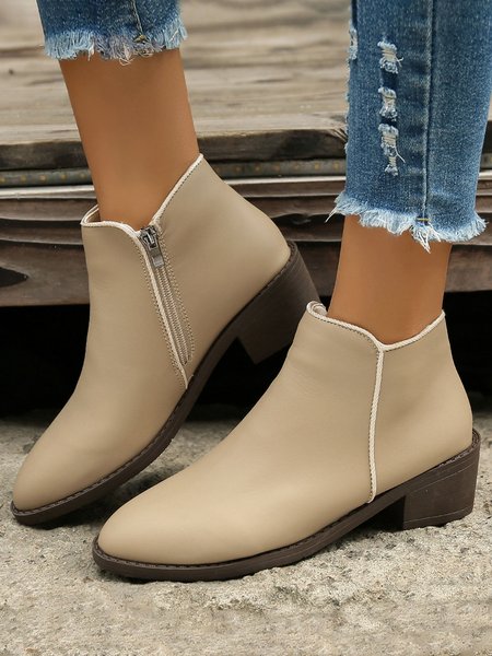 

Simple Zipper Pointed Toe Chunky Heel Booties, Khaki, Boots