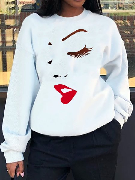 

Crew Neck Casual Face Abstract Sweatshirt, White, Hoodies and Sweatshirts
