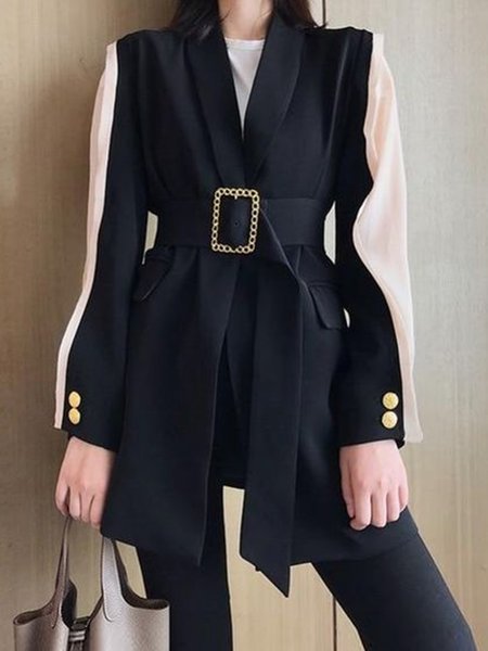 

Simple Shawl Collar Color Block Jacket, Black, Jackets