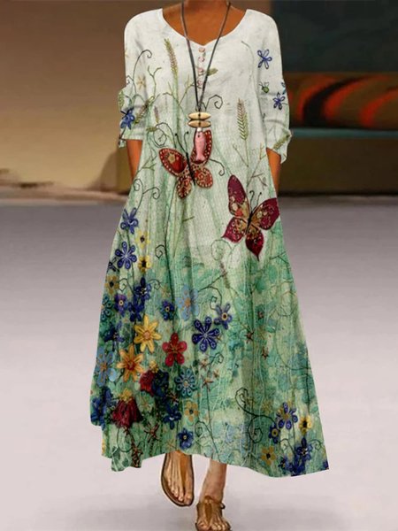 

V Neck Regular Fit Casual Floral Dress, Green, Dresses