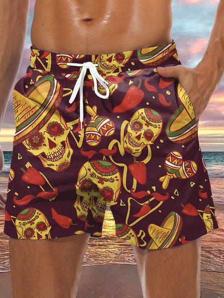 

Skull Cinco de Mayo Drawstring Beach Shorts, Red, Men's shorts