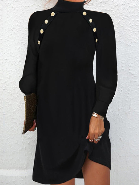 

Plain Casual Turtleneck Dress, Black, Dresses