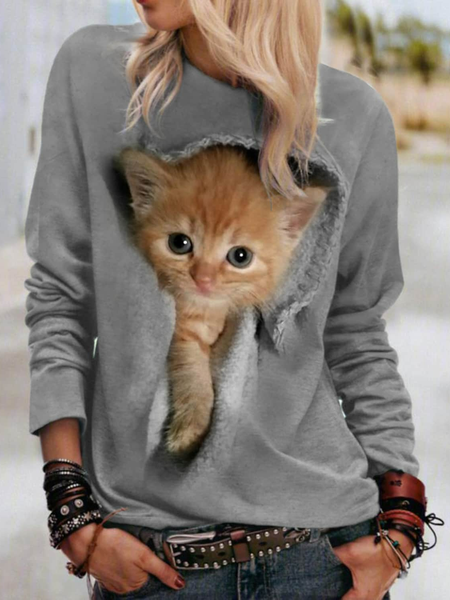 

Cat Printing Knitted Casual T-Shirt, Gray, Hoodies & Sweatshirts