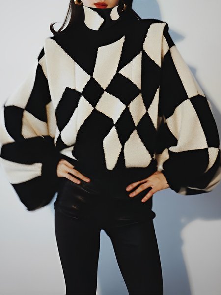 

Turtleneck Geometric Lantern Sleeve Urban Sweater, Black-white, Pullovers