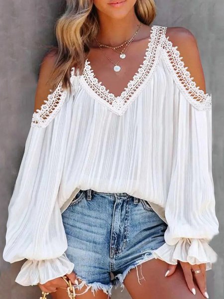 

Boho Lantern Sleeve Lace Top, White, Tops