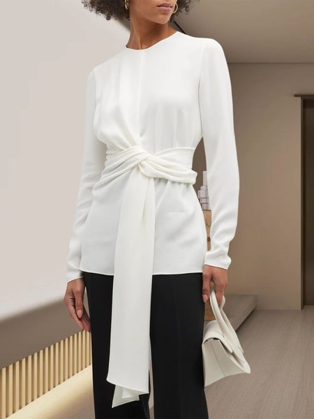 

Plain Tight Simple Crew Neck Long sleeve Blouse, White, Blouses and Shirts