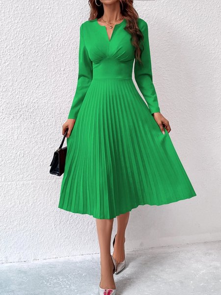 

Long sleeve Midi Regular Fit Plain Elegant V Neck Dress, Green, Midi Dresses
