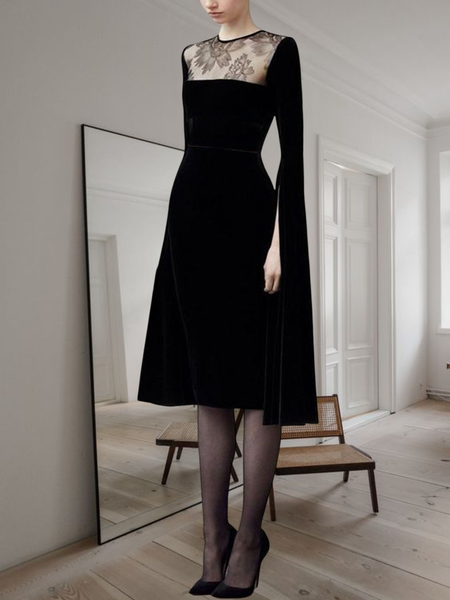 

Plain Crew Neck Regular Fit Elegant Long sleeve Party Dress, Black, Midi Dresses