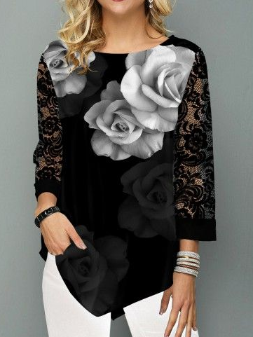 

Floral Casual Loose Top, Black, Tunics