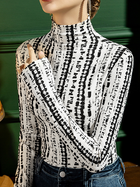 

High Elasticity Abstract Urban Half Turtleneck Long sleeve T-Shirt, White, Tees