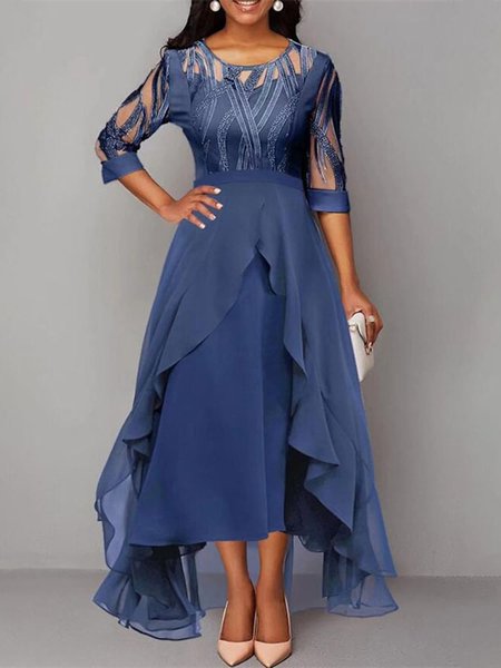 

Crew Neck Plain Regular Fit Casual Dress, Blue, Maxi Dresses