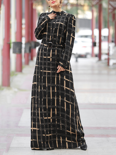 

Plaid Elegant Stand Collar Regular Fit Dress, Black, Maxi Dresses