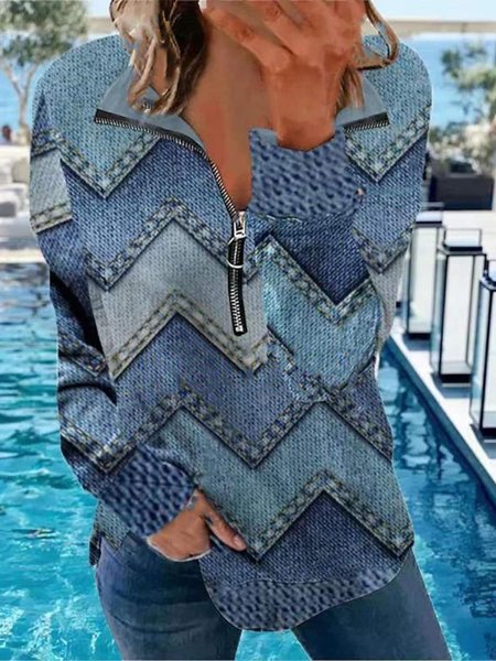 

V Neck Zipper Casual Sweatshirt, Blue, Sweatshirts & Hoodies