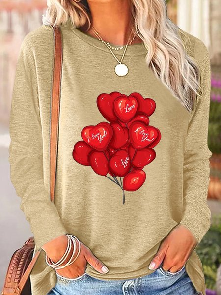 

Women's Crew Neck Simple Heart Regular Fit Long Sleeve Top, Khaki, Long sleeves