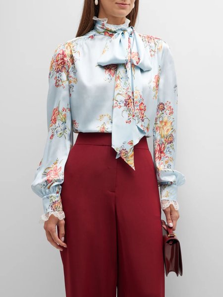 

Stand Collar Long sleeve Regular Fit No Elasticity Elegant Blouse, As picture, Blouses and Shirts