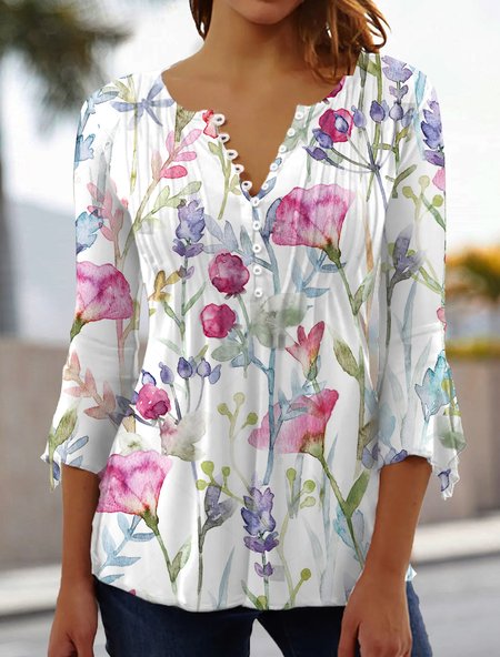 

V Neck Floral Flare Sleeve Casual Top, White, Shirts & Blouses