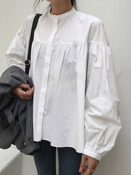 

Regular Fit Long sleeve Urban Stand Collar Blouse, White, Blouses and Shirts