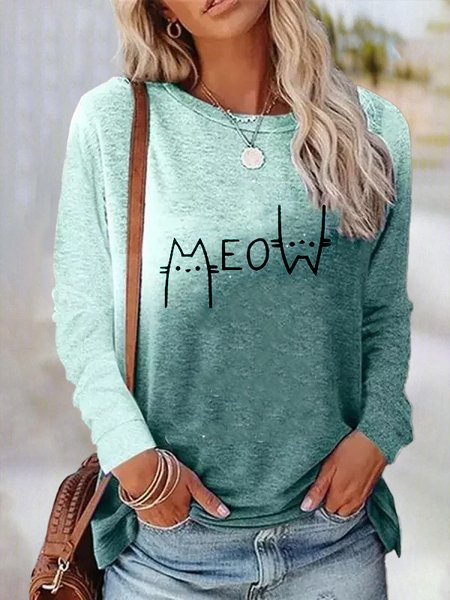 

Crew Neck Cat Casual Loose T-Shirt, Green, T-Shirts