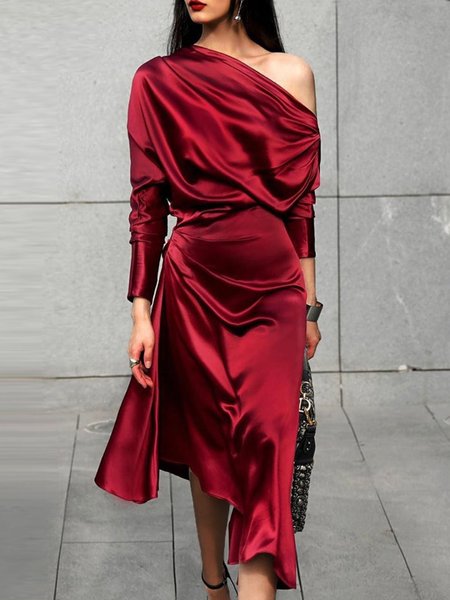 

Satin Elegant Cold Shoulder Plain Long Sleeve Dress, Red, Midi Dresses