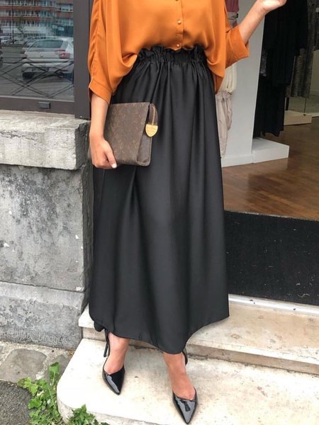

Loose Urban Mid Waist Plain Skirt, Black, Skirts