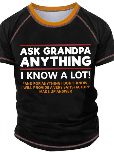 

Men's Ask Grandpa Anything I Know A Lot Funny Graphic Print Text Letters Regular Fit Crew Neck Casual T-Shirt, Black, T-shirts
